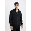 D4971 Comfort Regular Fit Rahat Kesim Dik Yaka Cepli Basic Düz Fermuarlı Sweatshirt Hırka