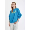 D5185 Loose Fit Sırt Baskılı Kalın Sweatshirt