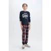D5212 Baskılı Üst Kareli Uzun Alt Pijama Takımı