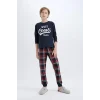 D5212 Baskılı Üst Kareli Uzun Alt Pijama Takımı