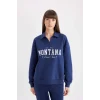 D5296 Relax Fit Polo Yaka Baskılı Kalın Sweatshirt