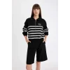 D5297 Yarım Fermuarlı Çizgili Kalın Casual Sweatshirt