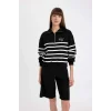 D5297 Yarım Fermuarlı Çizgili Kalın Casual Sweatshirt