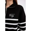 D5297 Yarım Fermuarlı Çizgili Kalın Casual Sweatshirt
