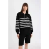 D5297 Yarım Fermuarlı Çizgili Kalın Casual Sweatshirt