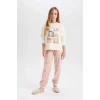 D6061 Kız Çocuk Garfield Sweatshirt Üst Desenli Beli Lastikli Uzun Alt Pijama Takım