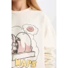 D6061 Kız Çocuk Garfield Sweatshirt Üst Desenli Beli Lastikli Uzun Alt Pijama Takım