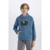 D6211 Kapüşonlu Baskılı Cepli İçi Yumuşak Tüylü Sweatshirt