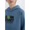 D6211 Kapüşonlu Baskılı Cepli İçi Yumuşak Tüylü Sweatshirt