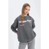 D6565 Loose Fit Sırt Baskılı Kalın Sweatshirt