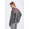 D6565 Loose Fit Sırt Baskılı Kalın Sweatshirt