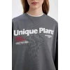 D6565 Loose Fit Sırt Baskılı Kalın Sweatshirt