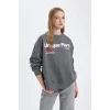 D6565 Loose Fit Sırt Baskılı Kalın Sweatshirt