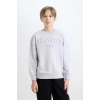 D6628 Gri Bisiklet Yaka Baskılı Sweatshirt