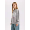 D6630 Gri Oversize Geniş Kalıp Bisiklet Yaka Sırt Baskılı Sweatshirt