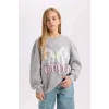 D6630 Gri Oversize Geniş Kalıp Bisiklet Yaka Sırt Baskılı Sweatshirt