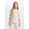 D6656 Pijama Takımı Bisiklet Yaka Baskılı Uzun Kollu Üst Beli Lastikli Uzun Alt