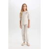 D6656 Pijama Takımı Bisiklet Yaka Baskılı Uzun Kollu Üst Beli Lastikli Uzun Alt