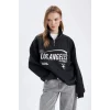 D7013 Loose Fit Yarım Fermuarlı Baskılı Sweatshirt