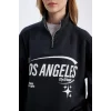D7013 Loose Fit Yarım Fermuarlı Baskılı Sweatshirt