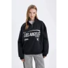 D7013 Loose Fit Yarım Fermuarlı Baskılı Sweatshirt
