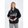 D7013 Loose Fit Yarım Fermuarlı Baskılı Sweatshirt