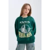 D7045 Oversize Fit Geniş Kalıp Bisiklet Yaka Üniversite Baskılı Sweatshirt