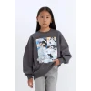 D7054 Oversize Geniş Kalıp Bisiklet Yaka Baskılı Sweatshirt