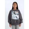 D7054 Oversize Geniş Kalıp Bisiklet Yaka Baskılı Sweatshirt