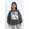 D7054 Oversize Geniş Kalıp Bisiklet Yaka Baskılı Sweatshirt
