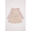D7252 Kız Bebek 2li Takım Çiçekli Fitilli Kaşkorse Uzun Kollu Basic Tişört Elbise