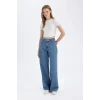 D8102 Wide Leg Yüksek Bel Uzun Jean Yıkamalı Pantolon