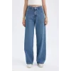 D8102 Wide Leg Yüksek Bel Uzun Jean Yıkamalı Pantolon