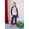 D8797 Kız Çocuk Yılbaşı Temalı Bisiklet Yaka Uzun Kollu Üst Uzun Alt Pijama Takımı