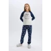 D8797 Kız Çocuk Yılbaşı Temalı Bisiklet Yaka Uzun Kollu Üst Uzun Alt Pijama Takımı