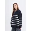 D9136 Relax Fit Polo Yaka Çizgili İçi Yumuşak Tüylü Kalın Sweatshirt Tunik