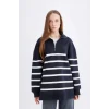 D9136 Relax Fit Polo Yaka Çizgili İçi Yumuşak Tüylü Kalın Sweatshirt Tunik