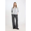 D9548 Pijama Pantolon Wide Leg Geniş Bol Paça Kareli Normal Bel Lastikli Cepli