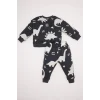 E0674 Erkek Bebek 2li Takım Dinazor Baskılı Sweatshirt Beli Lastikli Eşofman Altı