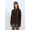 E0741 Oversize Geniş Kalıp Basic Düz Kanguru Cepli Fermuarlı Polo Yaka Sweatshirt