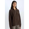 E0741 Oversize Geniş Kalıp Basic Düz Kanguru Cepli Fermuarlı Polo Yaka Sweatshirt