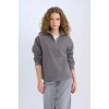 E0741 Oversize Geniş Kalıp Basic Düz Kanguru Cepli Fermuarlı Polo Yaka Sweatshirt