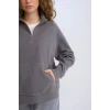 E0741 Oversize Geniş Kalıp Basic Düz Kanguru Cepli Fermuarlı Polo Yaka Sweatshirt