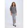 E0741 Oversize Geniş Kalıp Basic Düz Kanguru Cepli Fermuarlı Polo Yaka Sweatshirt
