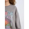 E1481 Loose Fit Bisiklet Yaka Baskılı Kalın Sweatshirt