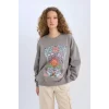 E1481 Loose Fit Bisiklet Yaka Baskılı Kalın Sweatshirt