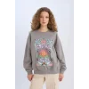 E1481 Loose Fit Bisiklet Yaka Baskılı Kalın Sweatshirt