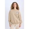 E1488 Loose Fit Bisiklet Yaka Sırt Baskılı Kalın Sweatshirt