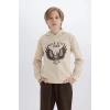 E1931 Erkek Çocuk Kapüşonlu Baskılı Kalın Sweatshirt Beli Lastikli Eşofman Altı 2li Takım