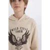 E1931 Erkek Çocuk Kapüşonlu Baskılı Kalın Sweatshirt Beli Lastikli Eşofman Altı 2li Takım